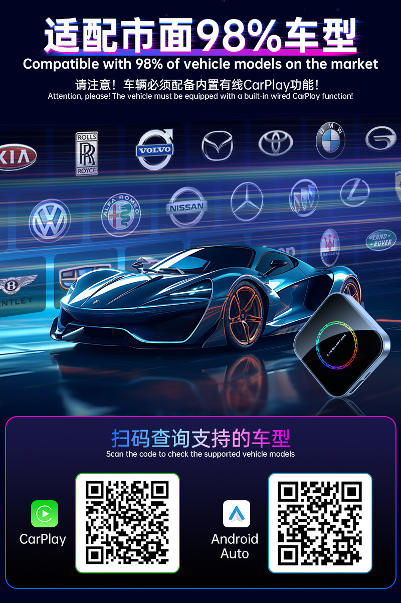 Best-selling wireless CarPlay to Android system smart box for cars with satellite positioning, 4G full network connectivity, and eight-core processor