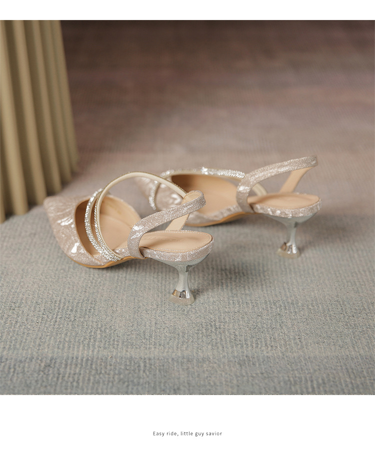 Sandal cao gót nữ mũi nhọn bít mũi đính đá phong cách Pháp — Y781 màu bạc chi tiết 23