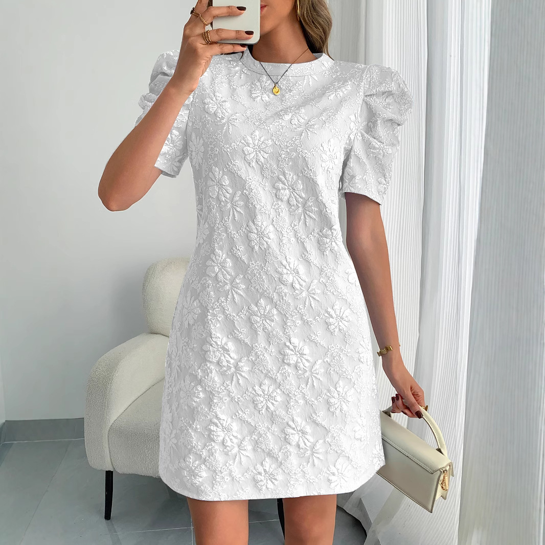 Vestido retro de mujer con cuello redondo, manga abullonada y jacquard texturizado, estilo europeo y americano, novedad de verano 2026, en stock.