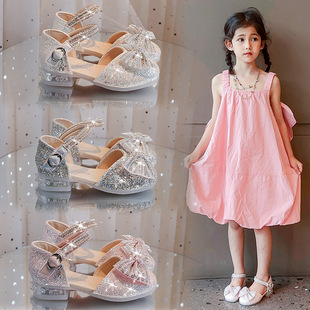 Girls' Sandals 2025 Princess Shoes Little Girls High Heeled Soft Bottom Shoes Crystal Shoes Summer New Soft Bottom Shoes for Large Children