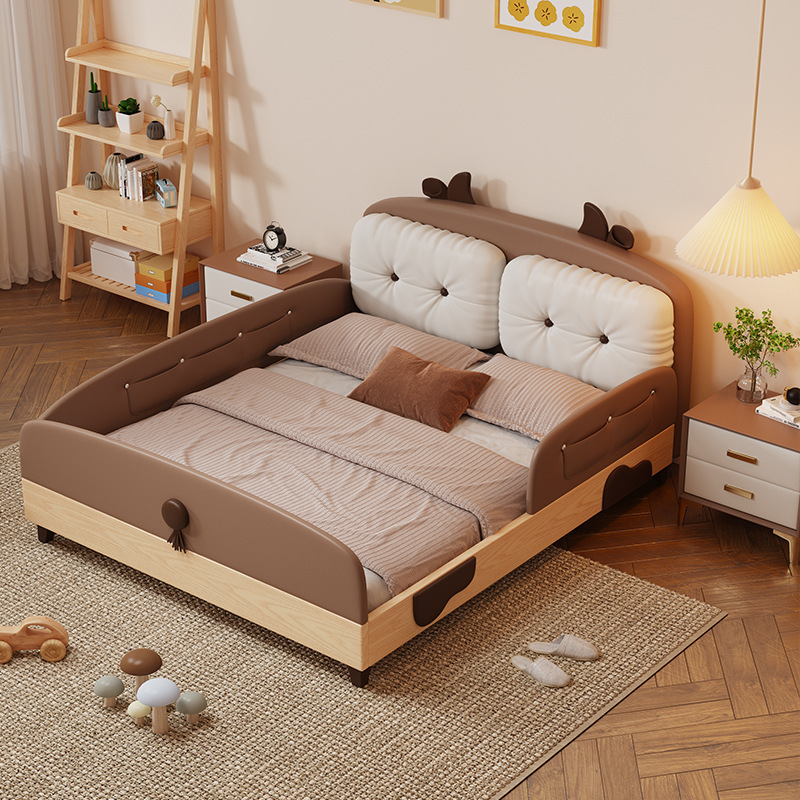 Cow Island Platform Bed Solid Wood Montessori Children's Bed with Guardrails Boy's Single Bed Girl's Room Modern Simple
