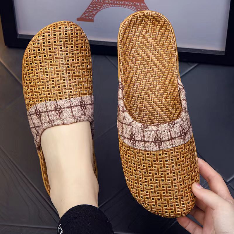 Home Straw Mat Breathable Slippers for Men and Women Cool Home Rattan Summer Home Woven Flat Bottom Lightweight Indoor Spring and Autumn European Style New