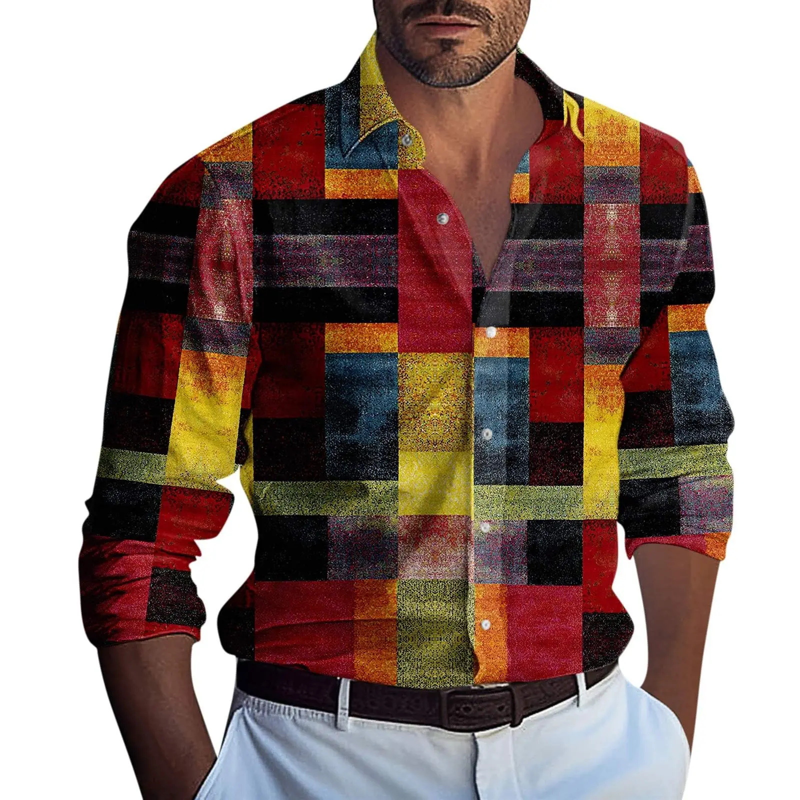 男士长袖休闲时尚棕榈树图案 3D 印花男士翻领纽扣上衣衬衫