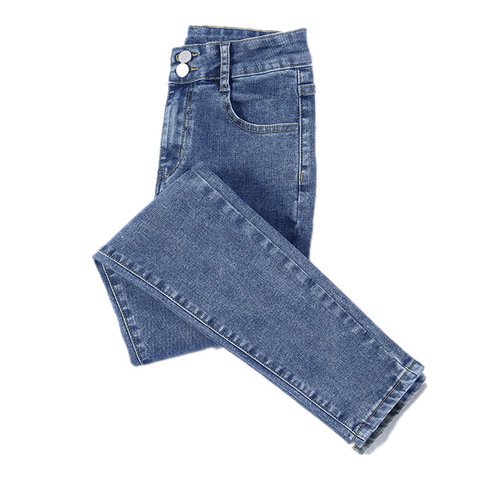 Blue-gray denim jeans for women, high-waisted, slimming,  autumn/winter new fleece-lined stretchy skinny pencil pants.