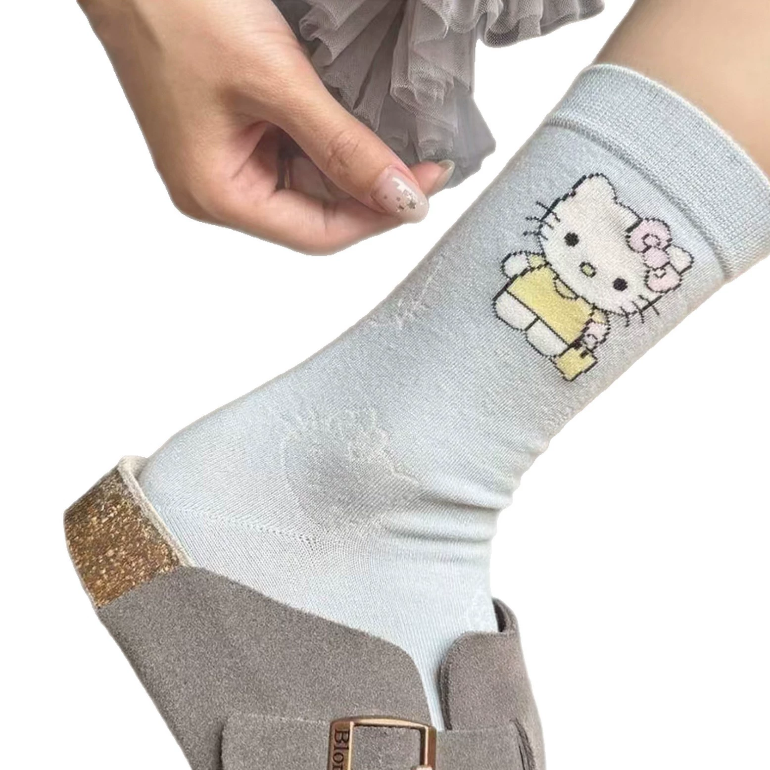 Hello Kitty, японский мультяшный бренд белые гольфы-колготки для учеников начальной школы, средняя длина, осень