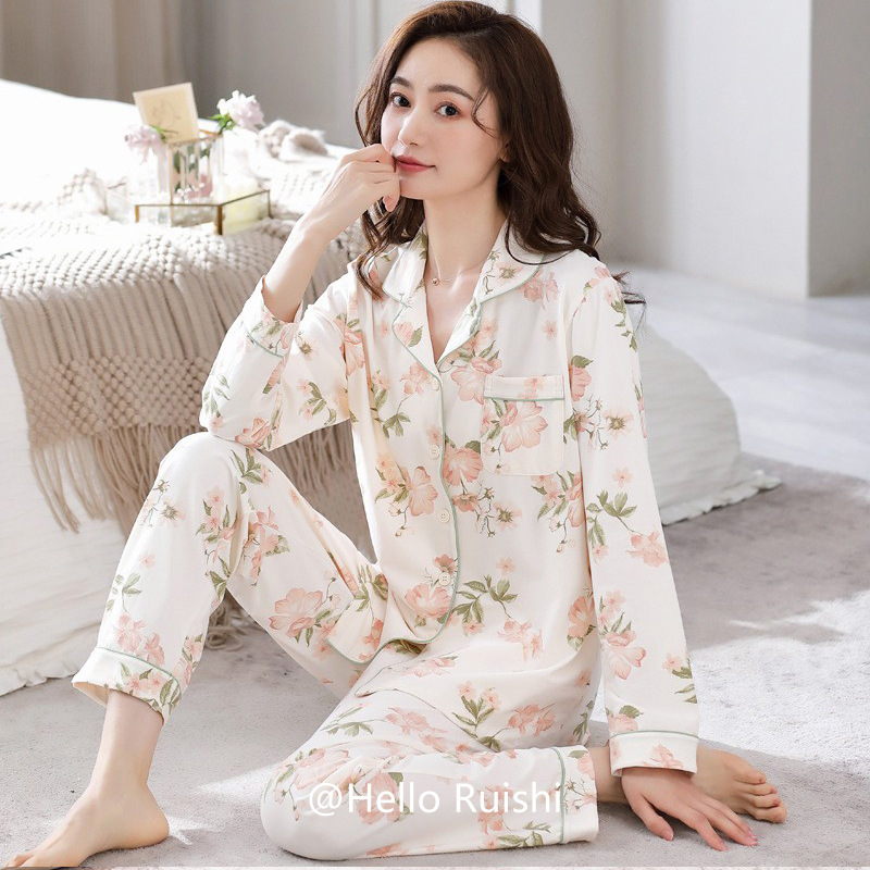 Pijamas de mujer para primavera y otoño, de algodón puro de manga larga, de algodón completo para otoño, conjunto de ropa para estar en casa para mujeres de mediana edad en otoño e invierno, cómodo para madres.