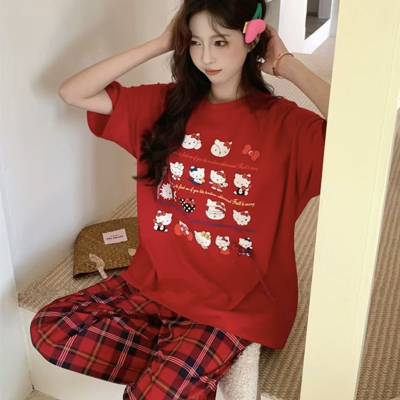 레드 멀티 KT 캣 레드 체크 팬츠 쇼트 및 롱
