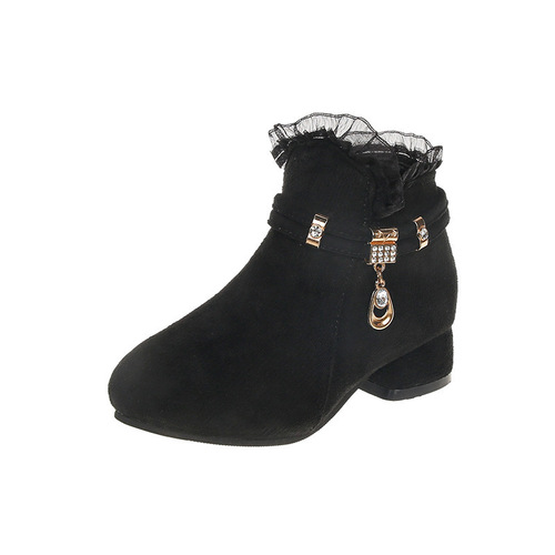 Children's Mid-Size New Girls Boots Knee-High Boots Black Single Boots Girl High Heel Lace Short Fall