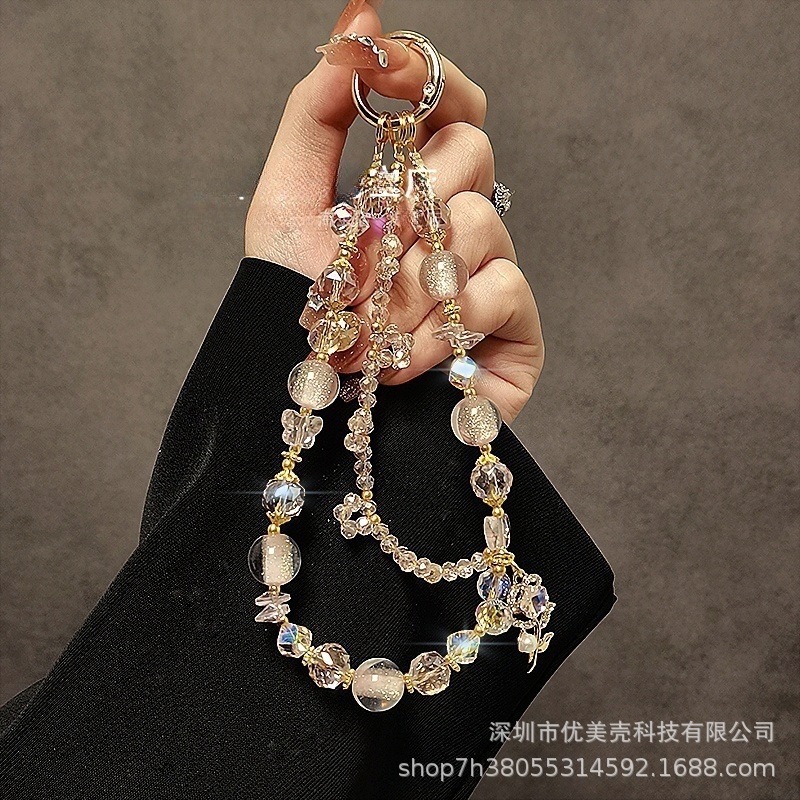 轻奢高级感水晶手机链时尚花朵吊坠串珠双链手机挂绳精品手提挂链|undefined