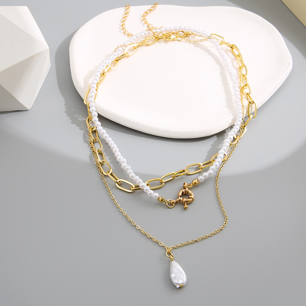 Fashion Geometric Imitation Pearl Alloy Layered Plating Chain Layered Necklaces