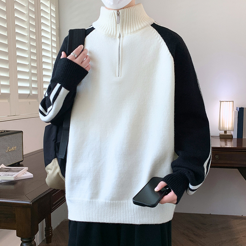Contrast Color Knitwear Men's Winter Stand-Up Collar Youth Knitwear Men's Loose High-End Lazy Autumn and Winter Warm Knitwear Men's