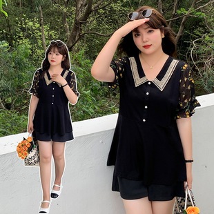 Plus Size Women's Summer New Fat mm 100kg Slimming Look Flesh-Covering Lotus Leaf Sleeves Elegant V Neck Short-Sleeved Splicing Top for Women