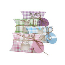 复活节兔子格纹枕头盒镂空透明贴膜糖果盒配麻绳椭圆吊牌答谢卡片