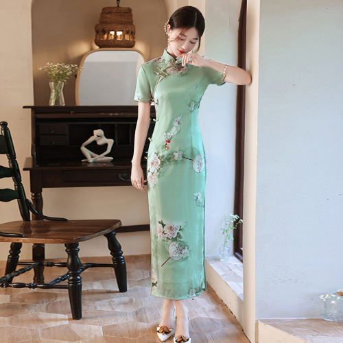 Green Chinese Dress qiapo retro cheongsam dress for women girls host singer miss ettiquette dresses