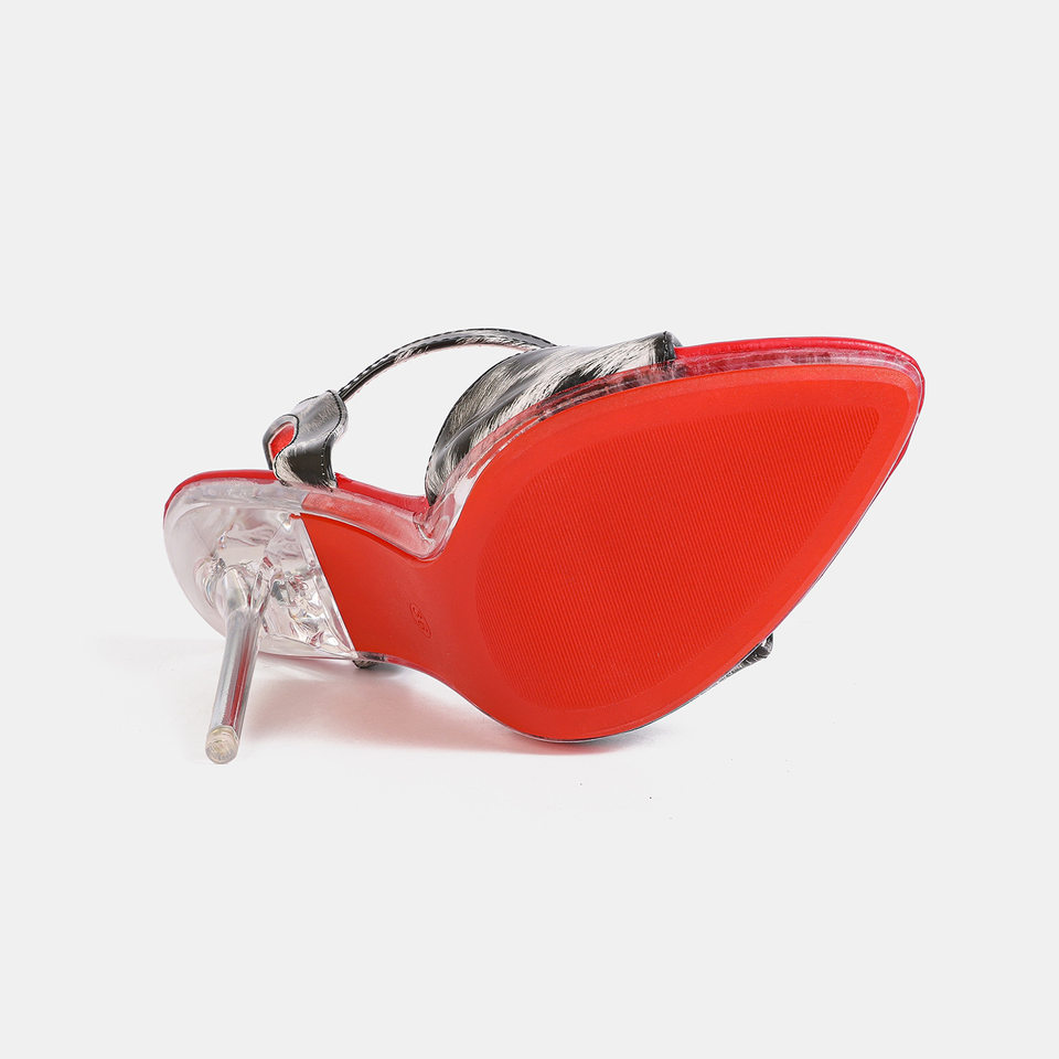 Dép sandal nữ quai ngang hở mũi gót nhọn cao trên 8 cm họa tiết da báo đế đỏ — màu mơ, màu đỏ, trắng