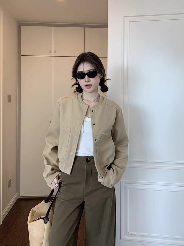 卡其色毛呢棒球服短外套女秋季美式风小个子短款气质oversize夹克|undefined
