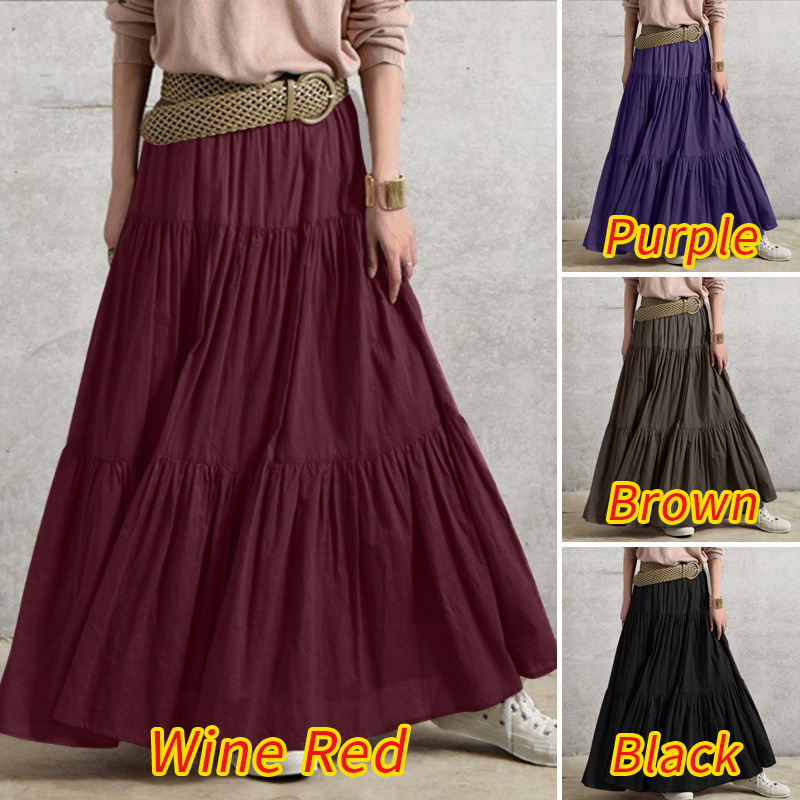 AliExpress New Women's Ruffled Spring Casual Long Dress Plain Dress Retro Style Pleated Skirt