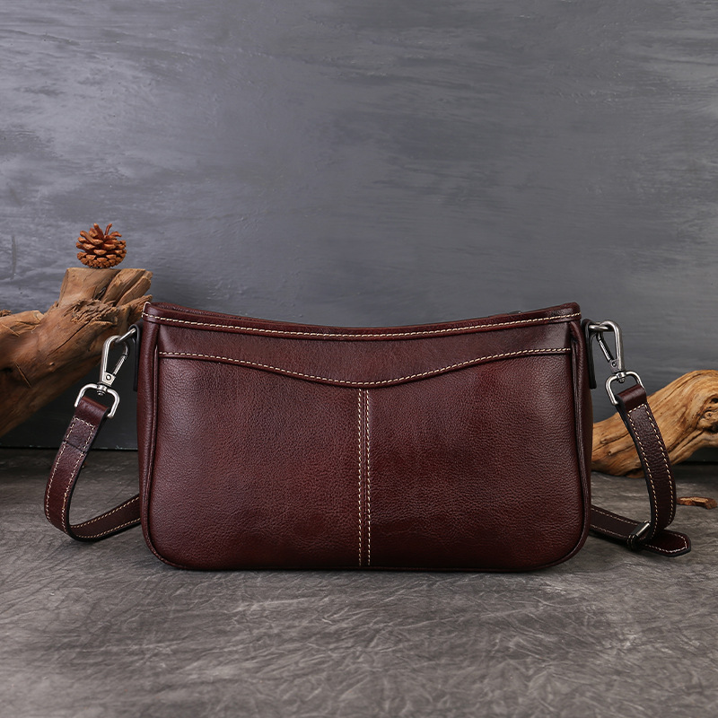 Amazon Bestseller Cross-Border Underarm Bag Retro Top Grain Cowhide Small Square Bag Versatile Luxury Single Shoulder Baguette Bag For Women - Thumbnail 6