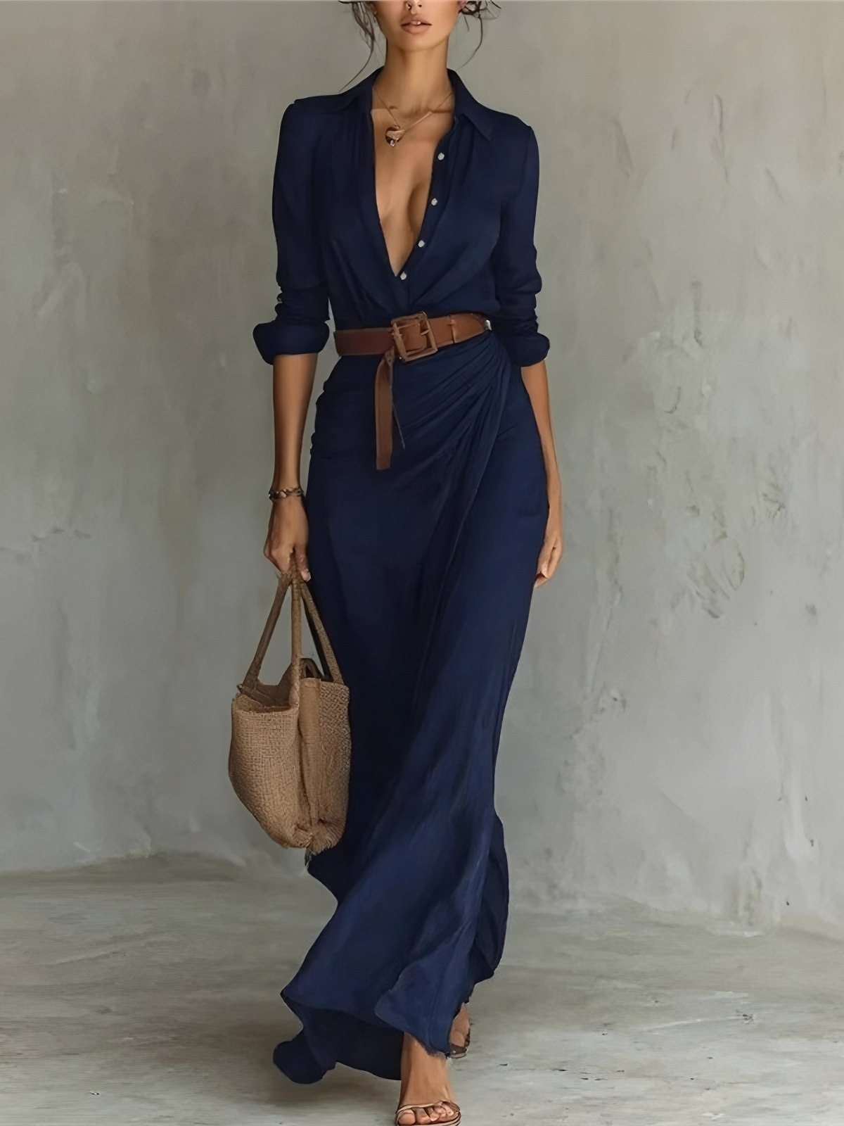 Women's Spring And Autumn Elegant Solid Color Irregular Pleated Dress With Belt_ecoleips.com