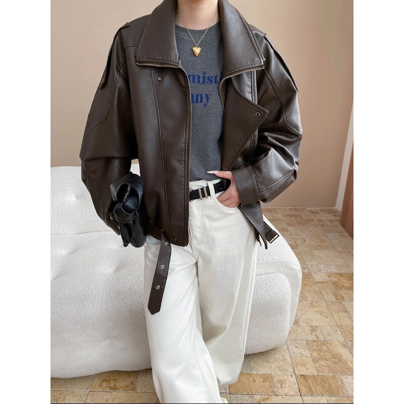 Sinan Fashionable Street Style American Retro Matte Pu Leather Lapel Loose Motorcycle Leather Jacket Sn8161 Sinan Fashionable Street Style American Retro Matte Pu Leather Lapel Loose Motorcycle Leather Jacket Sn8161