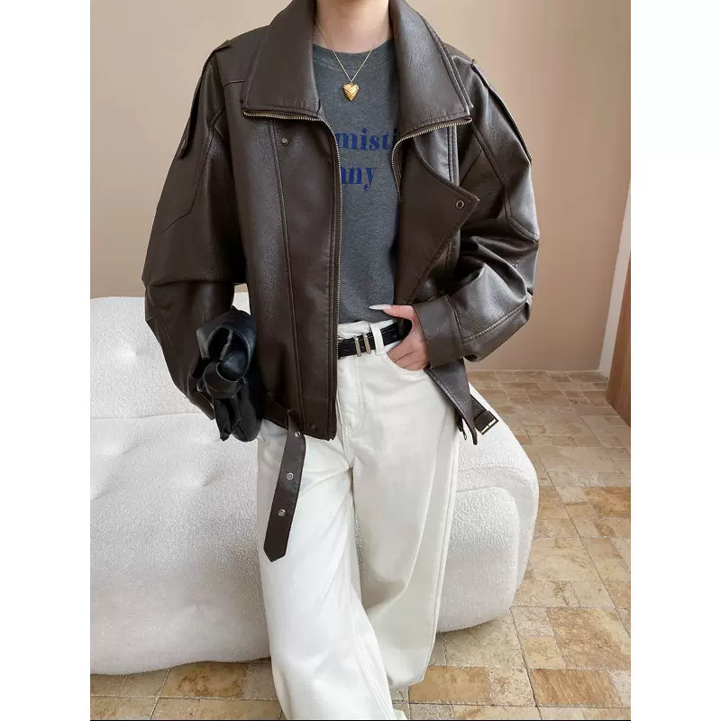 司南 时髦炸街 美式复古哑光PU皮翻领宽松机车皮衣外套 SN8161