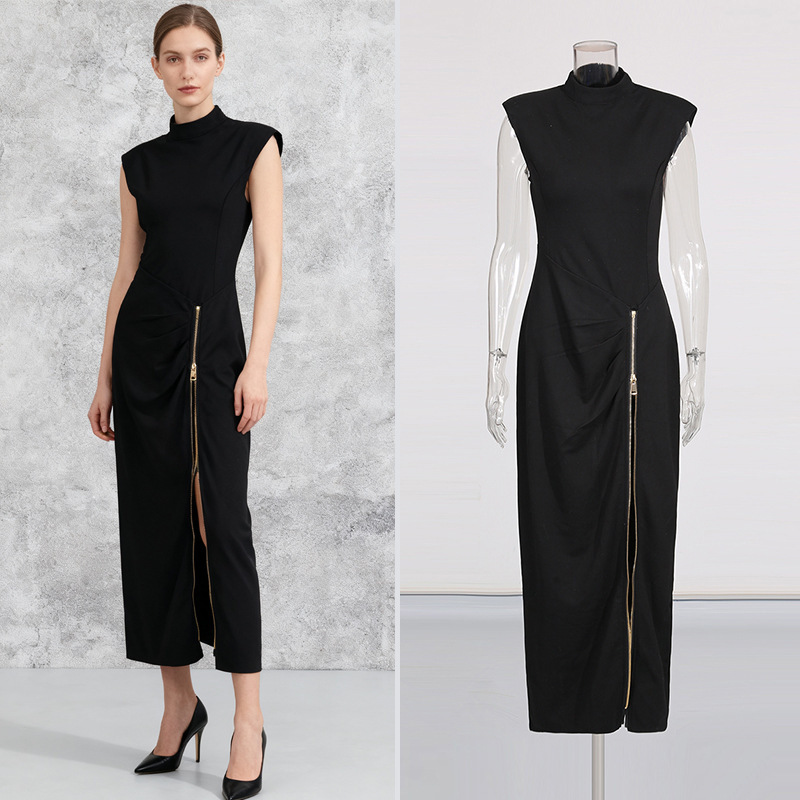 Slim-Fit Modern Retro Style Black Long Dress 2026 Summer New Women's Fashion Stand Collar Zipper Slit Dress