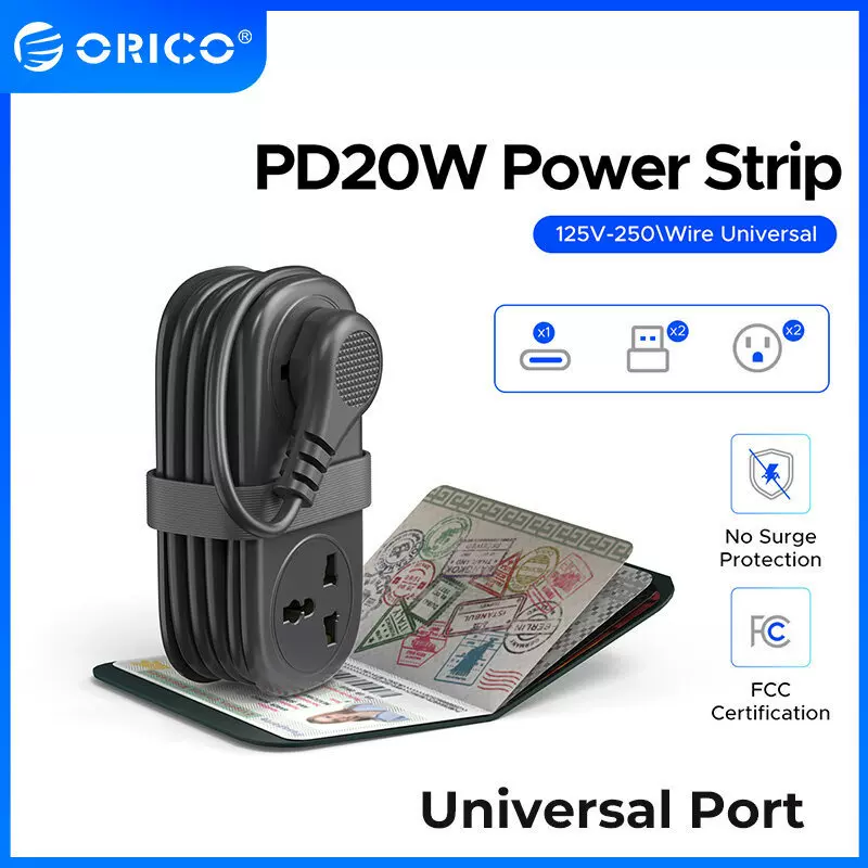 ORICO迷你电源板20W PD+3USB+2插座 便携135cm延长线万用规排插