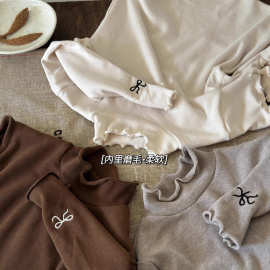 瑜瑜公主女童韩版木耳边打底衫女宝宝刺绣蝴蝶结纯色花边上衣磨毛