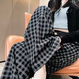 跨境黑色辣妹复古格子阔腿裤女夏季新款高腰抽绳垂感休闲直筒裤子