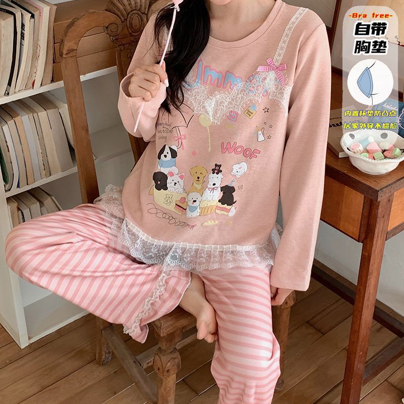 直播睡衣女秋冬新款保暖长袖羊绒蚕丝韩系甜美花边卡通家居服套装|undefined