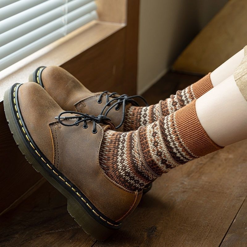 Vintage Ethnic Style Long Tube Socks American Version Mesh Mid-Tube Socks Rad Women's Striped Red Trendy Slouch Socks Hong Kong Style Socks