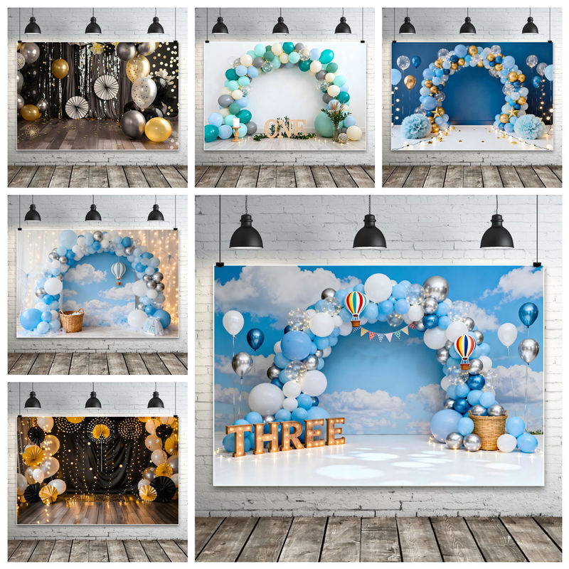 Blue Balloons, White Clouds, Boy Baby, Children's Birthday Party Scene, New Photo Photography Background Cloth Banner