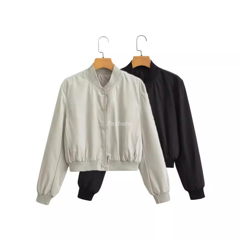 LRH/1528UP European and American 23 Summer New Women's Silk Satin Texture Round Neck Short Bomber Jacket