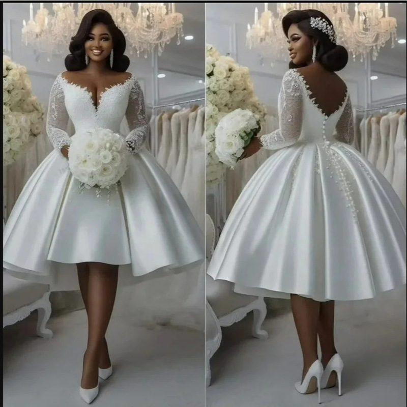 Amazon's New Foreign Trade Wedding Dress European and American Cross-Border Bridal Wedding Deep V-Neck Long-Sleeve Satin Lace Short Dress Amazon's New Foreign Trade Wedding Dress European and American Cross-Border Bridal Wedding Deep V-Neck Long-Sleeve Satin Lace Short Dress