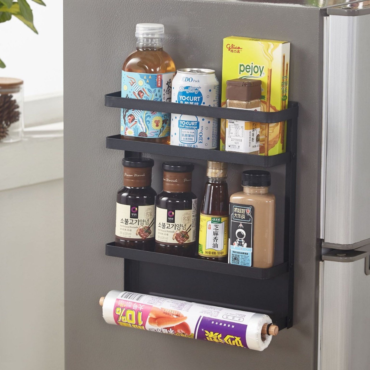 Refrigerador de procesamiento personalizado percha de cocina creativa estante de almacenamiento plegable estante de almacenamiento multifuncional de especias de absorción magnética