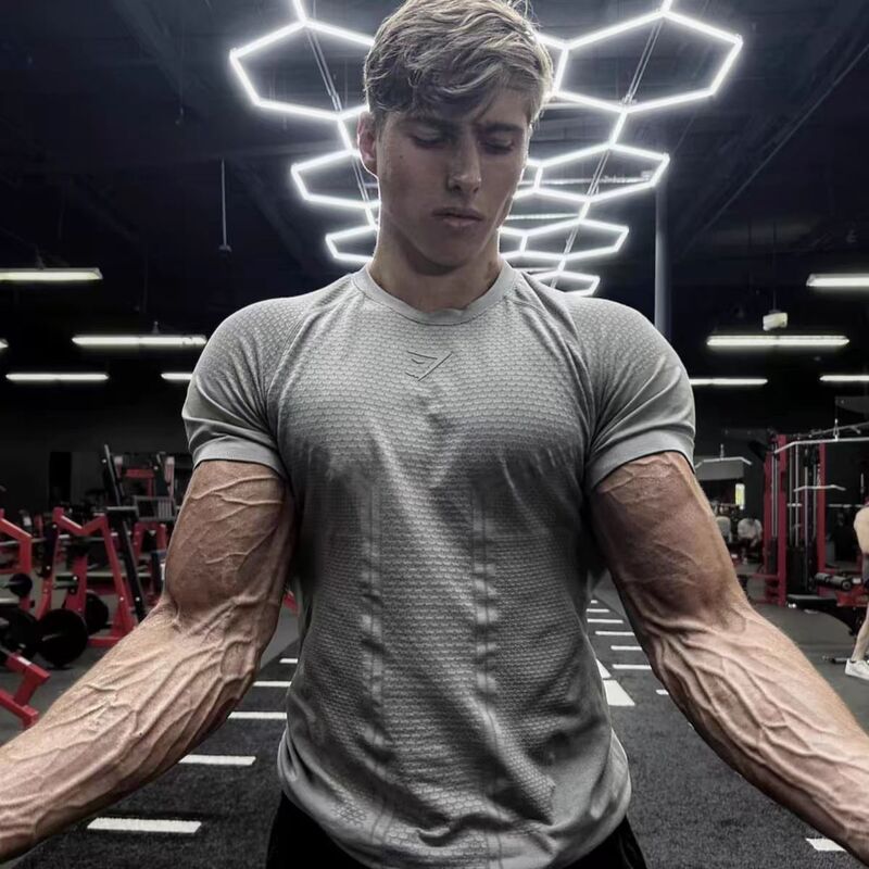 Gymshark Men's T-Shirt Muscle Sports Fitness Quick-Drying Breathable Elastic Slim Short-Sleeved Outdoor Training Top