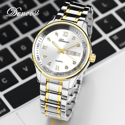 丹弗士男士手表简约实用双日历全自动石英防水时尚罗马刻度学生表