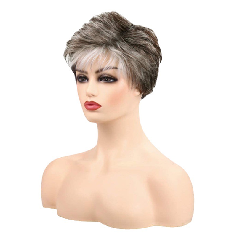 Perucă sintetică pentru femei de vârstă mijlocie cu șuvițe, păr bufant, breton diagonal și păr scurt, vopsit la alegere_voghion.com