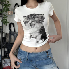 アメリカンストリートスタイルドーパミンコントラストプリント半袖TシャツホットガールY2Kへそ出しショートスリムカジュアルトップ
