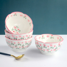 BT5 原创 陶瓷饭碗 粉红小碎花釉下彩工艺花边形汤碗水果沙拉碗