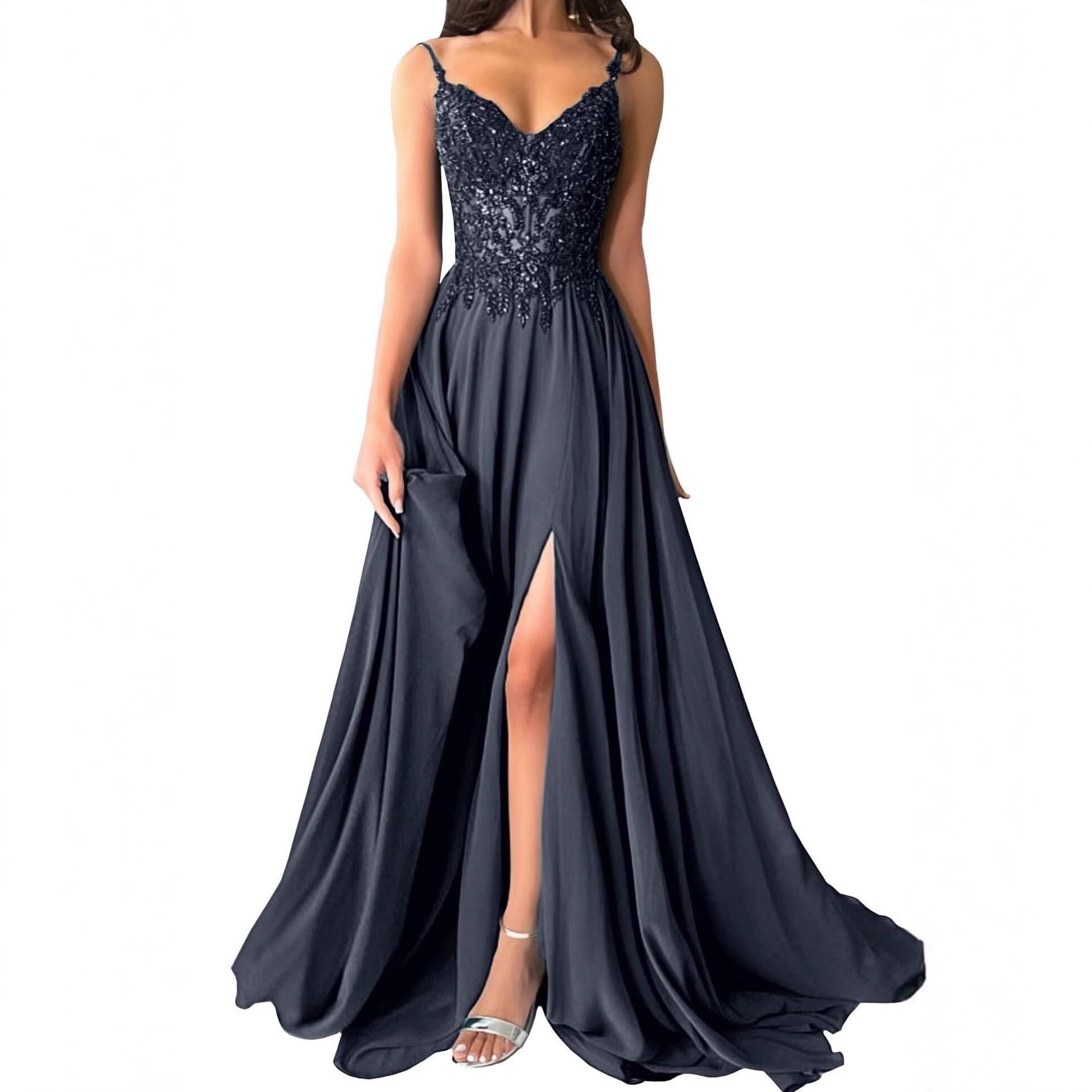 Amazon's New European and American Chiffon Appliqué Prom Dress 2025 Cross-Border Suspender Slim Evening Dress