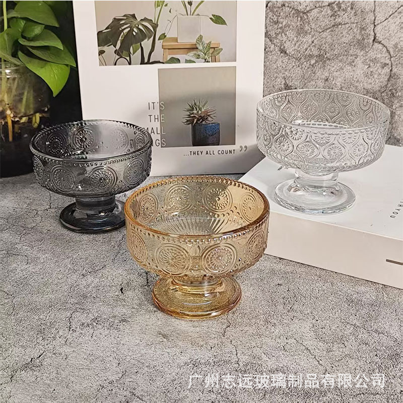 Ins Style Embossed Tall Ice Cream Cup Glass Dessert Cup Ice Cream Ball Pudding Cup Afternoon Tea Sugar Water Yogurt Cup