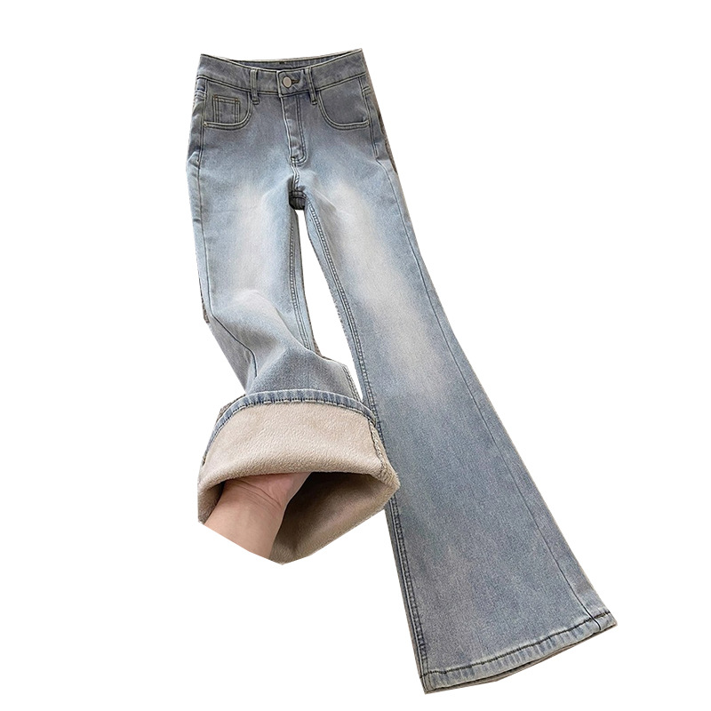 Women's Clothing Light Blue Plus Size Fleece Lined Thickened Flared Jeans High Waisted Slimming Stretchy Women's Denim Pants For Autumn Winter Style_voghion.com