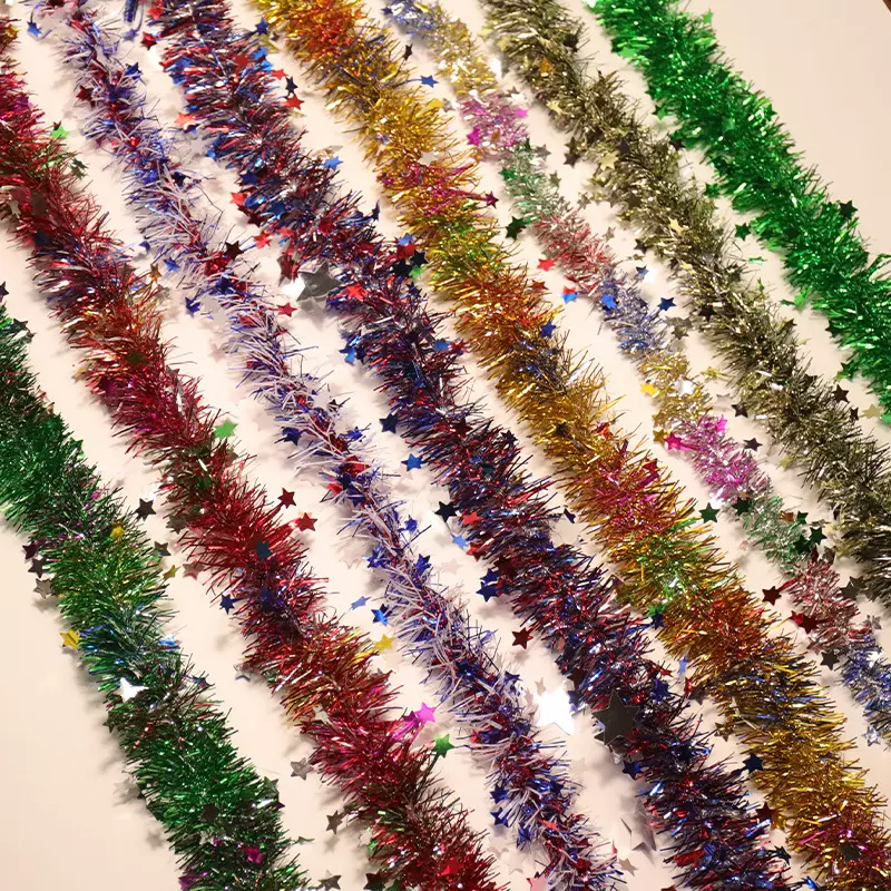 跨境新款圣诞节彩条毛条拉花茜草 场地布置装饰彩带 小星星款毛条