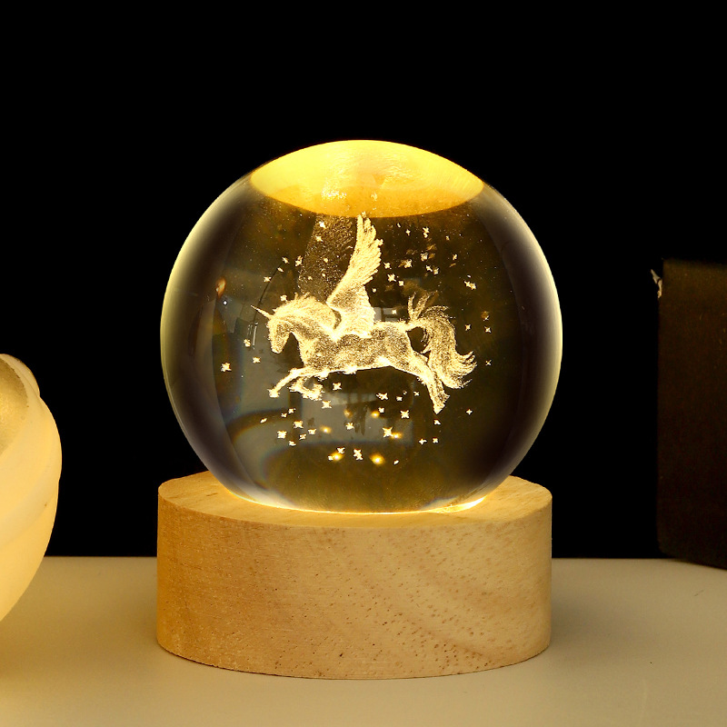 Luz Nocturna USB de Bola de Cristal con Base de Madera Maciza para Decoración