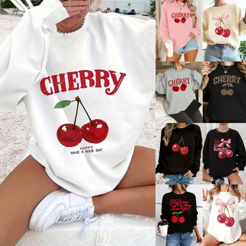 Free shipping independent station women's clothing European and American cherry printed sweatshirt top