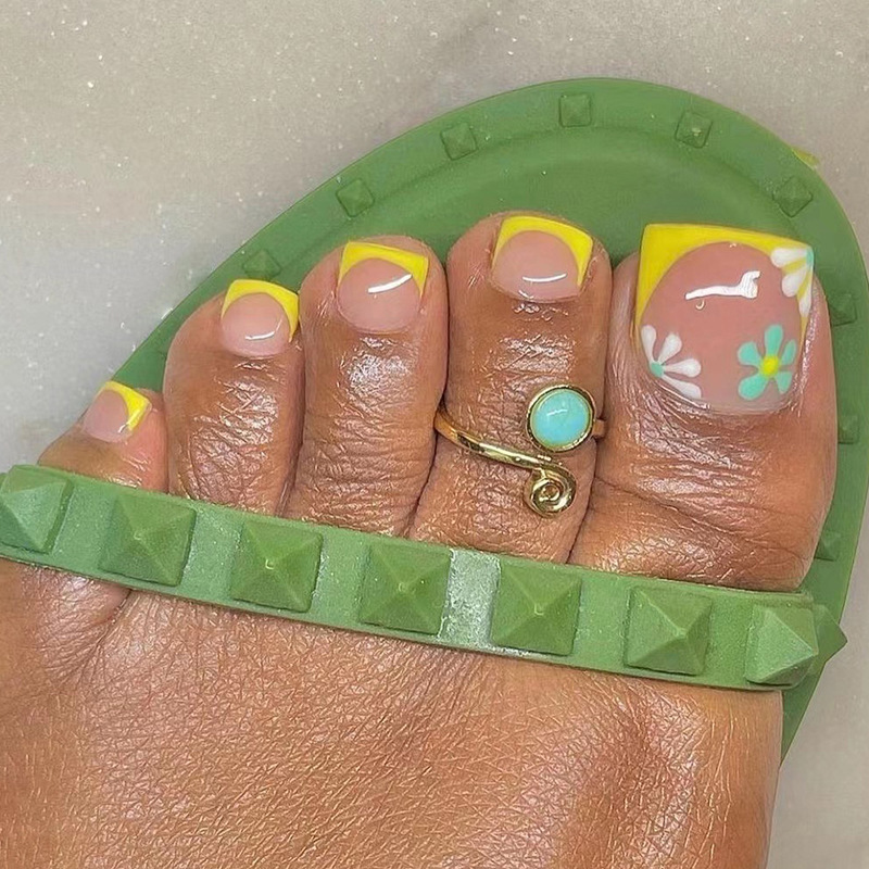 Yellow Edge French Toenails White and Green Flower Nail Stickers Removable Nail Pieces Nail Pieces Manicure Nail Pieces False Nail