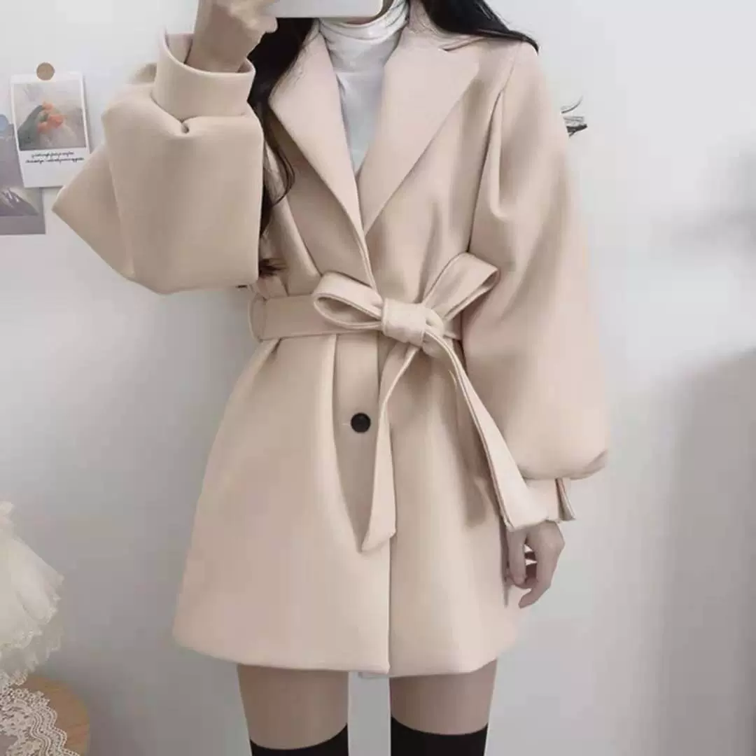 韩版秋冬装绑带气质小个子西装领赫本风中长款毛呢女大衣外套薄款