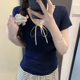 2026夏季新款正肩系带假两件短袖T恤女春夏季木耳边v领显瘦上衣潮