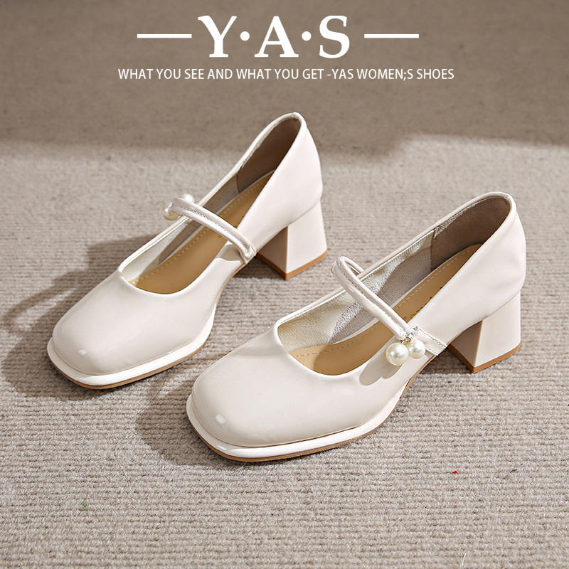 French Style Mary Jane Shoes Women's White Spring New Fashion High Heels Not Tired Feet Thick Heel Retro Elegant Women's Single Shoes
